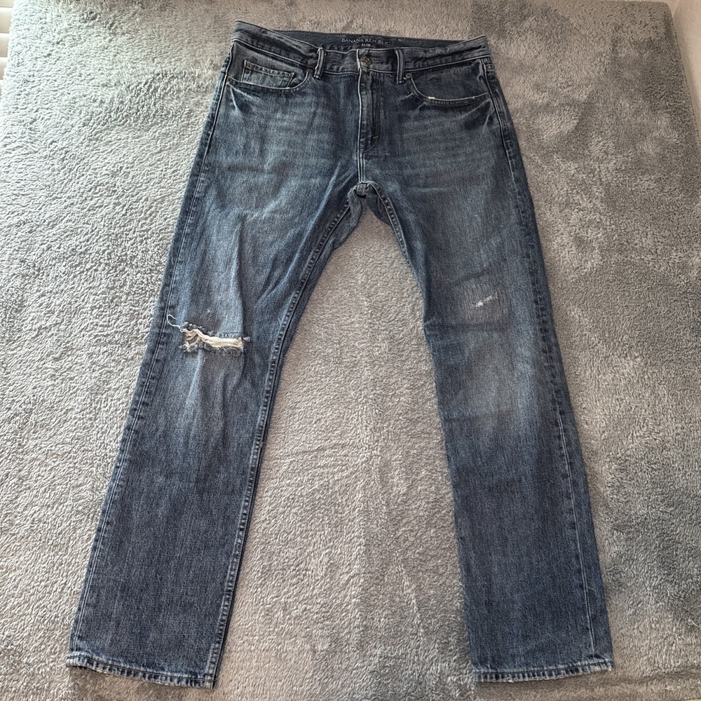 Banana Republic Men's 34x32 Medium Dark Wash Slim Jeans Straight Ripped Pants